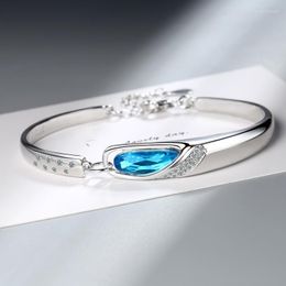 Women's Fashion Luxury Blue Zirconia Stone Cuff Bracelets Shiny Micro Crystal Pave Waterhole Charming Bracelet Accessories Gifts Link Chain