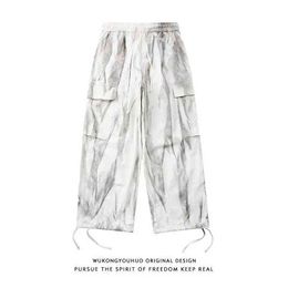 Cargo Pants Men Summer New Japanese Harajuku Tie-Dye Hip-Hop Loose Straight Vintage Wide-Leg Drawstring Trousers Male Streetwear G220507