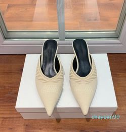 Designer -Luxury designer women sandals pointed toe cat heels half drag women high heel leather outsole 4cm