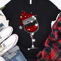 Casual Tshirts Tee Tops Short Sleeve T-shirt Christmas hatPrint Wine Glass Print Plus Size 3XL 2XLCasual T-shirt 210716