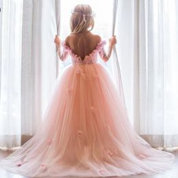 Girl's Dresses Princess Flower Girl 2022 Tulle O-Neck Puffy Ball Gowns Girls Feather First Communion Skirts Cute Wedding Party DressGirl's