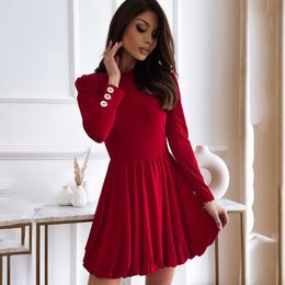 Casual Dresses Spring Autumn Buttons Red Slim Mini Dress Women 2022 Fashion O-neck Long Sleeve Folds A-line Woman Party DressCasual