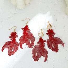 Clip-on & Screw Back Chinese Style Alloy Red Goldfish Clip On Earrings Exaggerated Long Simple Hollow Out Koi Fish Ear No Piercing