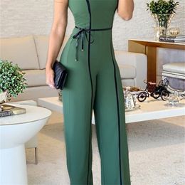 Wide Leg Jumpsuit Summer O Neck Green Sleeveless Jumpsuit Vacation Elegant Long Playsuit Office Lady Vintage Overalls T200107