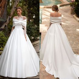 White A Line Wedding Dresses Off Shoulder Long Sleeves Applique Buttons Backless Tulle Satin Sequins Wedding Gowns Floor Length Plus Size Vestido De Novia