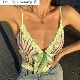 Fashion Summer Sexy Chic Zebra Texture Print Sling Tops Women Sweet Style Bow Tie Camisole Sleeveless T-shirts Female 210401