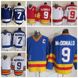 Mi08 Mens 1980 Lanny McDonald Hockey Jerseys #7 #9 Blue Vintage Red Stitched Shirts C Patch