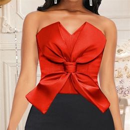 AOMEI Women Red Party Tops Elegant Crop with Big Bow Summer Sexy Bare Shoulder Backless Anti Slip Tube Blouse 3XL 220325