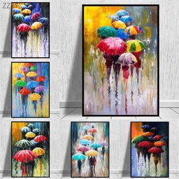 People Holding Colourful Umbrellas In The Rain Canvas Oil Painting Abstract Wall Art Poster Living Room Home Decoration Picture