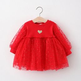 Girl's Dresses Spring Autumn Baby Girl Princess Dress 2022 Cute Born Costume Sweet Infant Cotton Heart Mesh Long Sleeve 0-3 YearGirl's