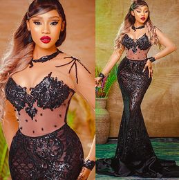 engagement gowns dresses Canada - 2022 Plus Size Arabic Aso Ebi Black Sparkly Mermaid Prom Dresses Sheer Neck Beaded Evening Formal Party Second Reception Birthday Engagement Gowns Dress ZA53