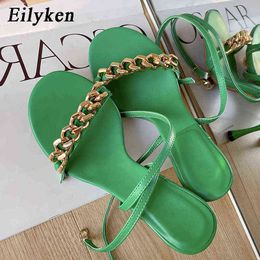 Sandals Eilyken New Summer Green Women Sandal Fashion Round Toe Chain Design Ladies Elegant Dress Shoes Thin High Heel Pumps Shoe 220317