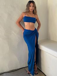 Women's Two Piece Pants Summer 2 Set Women Elegant Top And Skirt Outfits For Casual Hollow Out Backless Pleated Beach