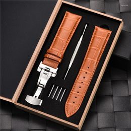 Watch Bands Genuine Leather Watchbands With Stainless Steel Automatic Clasp Straps 18mm 20mm 22mm 24mm Embossed Business Men Strap Hele22