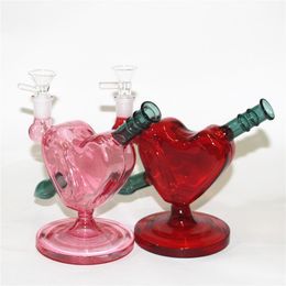 hookahs Heart Shape glass bong red pink Colour dab oil rigs bubbler mini glass water pipes with 14mm slide bowl piece