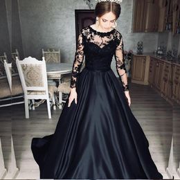 Party Dresses Black Evening Dress Long Sleeve A-Line O-Neck Satin Sweep Train Lace Appliques Button Women Elegant Prom Gowns 2022Party