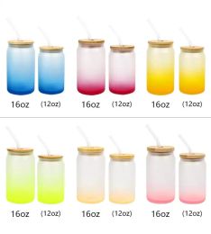 16oz Sublimation Glass Tumblers Beer Mugs Gradient Frosted Cola Can Jar with Bamboo lid and straw