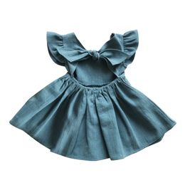 Girls Dresses Kids Designer Clothes Bowknot Princess Backless Dress Baby Fly Sleeve Cotton Linen A-Line Dress Child Boutique Clothing BC40