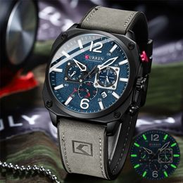 CURREN 8398 Mens Watch Fashion Waterproof Male Multifunction Chronograph Clock Leather Six Needle Calendar Quartz Watches 220530