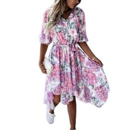 New Stylish Dress Floral Print Belt Slim Summer Turn-down Collar Irregular Hem Midi Dress for Date Beach Streetwear L220705