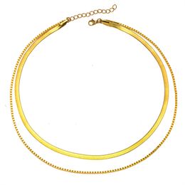 Layered Necklaces For Women Girls Stainless Steel Box Chain Flat Snake Chain Double Layer Necklace Ladies Stacked Clavicle Chains Gold/ Silver 18inch+5cm