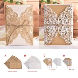 Gift Wrap 5pc Wedding Invitation Card Kraft Paper Rice Gold Laser Hollow Greeting Lace Envelope Packaging Bag