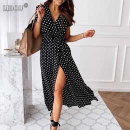 Lady Short Sleeve Bandage Long Casual Feminine Party Dresess V neck Fashion Sexy Polka Dot Print Loose Bohemian Split Dress 220613