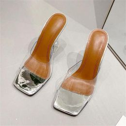 Top Quality Women Slippers Sandals Pumps Fashion Female Transparent High Heels Square Toe Slides Ladies Summer Shoes