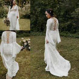 long white one handed dresses UK - Long Sleeve Beach Wedding Dresses Lace-Up Back Beach Hippie Boheamin Country Bridal Gowns Plus Size vestido noiva