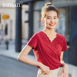 INMAN Summer New Arrival Literary Allmatch Vneck Personality Embroidered Pure Colour Base Short Sleeve Tshirt T200512