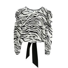 Women zebra-stripe print Puff Sleeve Short Shirt Vintage Femme Back fork bow Blouse Casual Lady Loose Tops Smock Blusas S8012 210326