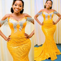 2022 Plus Size Arabic Aso Ebi Yellow Luxurious Mermaid Prom Dresses Beaded Crystals Evening Formal Party Second Reception Birthday Engagement Gowns Dress ZJ270