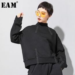 EAM Loose Fit Black Line Split Joint Sweatshirt Stand Collar Long Sleeve Women Big Size Fashion Spring 1U153 201202