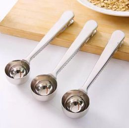 Stainless Steel Coffee Multifunction Spoon Sugar Scoop Clip Bag Seal Measuring Clamp Spoons Portable Food Kitchen Tool Supplies 0524
