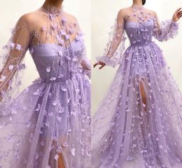 lilac formal dresses Australia - Elegant Lilac Floral See Through Evening Dress V Neck Long Sleeve Floor Length Prom Formal Dresses Side Slit Party Gowns robe de soiree 2022 vestidos de festa