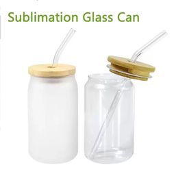 48pcs Sublimation 16oz Glass Can Mugs Glasses Tumbler With Bamboo Lid Straw Beer Can Transparent Frosted Soda Cup Drinking Cups Delivery by Boat 25days