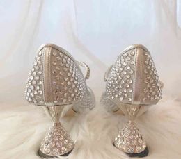 2022 m Pearl crystal high heels round head Rhinestone mesh hot drill Mary Jane single shoes wine glass heel women