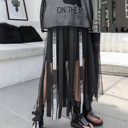 XITAO Mesh Hollow Out Print Letter Long Skirt Women Tape Elastic Waist Black Casual A-line Summer Korea WLD1084 220322