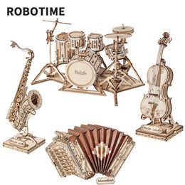 Robotime Rolife 3D Wooden Puzzle Games Saxophone Drum kit Accordion Cello Model Toys for Children Kids Birthday Gifts 220715