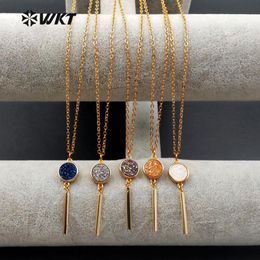 Pendant Necklaces WT-N1092 Wholesale Natural A-gate Stone Plating O Shape Chain Plated Titanium Round With Gilt Long Strip NecklacePendant