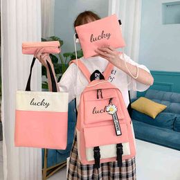 Backpack 4 Piece Set Middle Student School Bags for Teenage Girls Cute Women Nylon Bookbag 220628