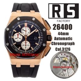 RS Factory Watches RSF 26400 44mm Rose Gold Cal.3126 / ETA7750 Automatic Chronograph Mens Watch Ceramic Bezel Black Dial Rubber Strap Gents Wristwatches