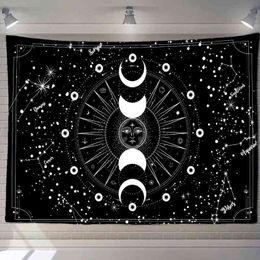 White Black Sun Moon Starry Sky Carpet Wall Hanging Witchcraft Rugs Hippie Psychedelic Dorm Decor J220804