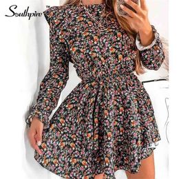 Southpire O-Neck A-Line Black Flower Print Vintage Dress Women Long Sleeve Ruffle Mini Party Dress Casual Daily Clothes Fashion 210331