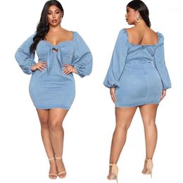 Casual Dresses Autumn Women Solid Sexy Denim Party Dress Est Lady Big Size Square Collar Lantern Sleeve Zipper Back Bodycon Mini