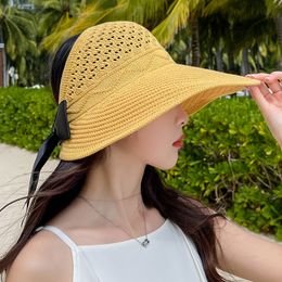 Summer Beach Wide Brim Hats Empty Top Breathable Bow Hat Female Korean Style Foldable Caps
