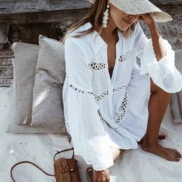 Women Swimsuit Cover Ups Mandarin Sleeve Kaftan Beach Tunic Dress Robe De Plage Solid White Pareo Beach Cover-ups #Q429 220423