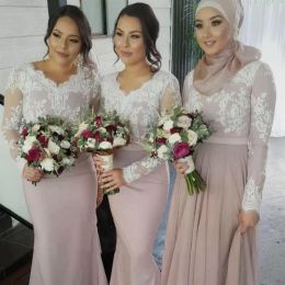 2022 Dusty Pink Mermaid Bridesmaid Dresses A Line V Scalloped Neck Long Sleeves Lace Maid of Honor Gown Custom Made Beach Boho Wedding Party Formal Wear vestidos