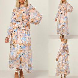 Casual Dresses Cute For Women Summer Women's Dress Tie Neck Flower Printed Long Sleeve Loose Maxi Fitting WomenCasual