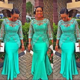 Turquoise African Mermaid Evening Dress Vintage Lace Nigeria Long Sleeves Aso Ebi Style Mother Party Gown vestidos de gala